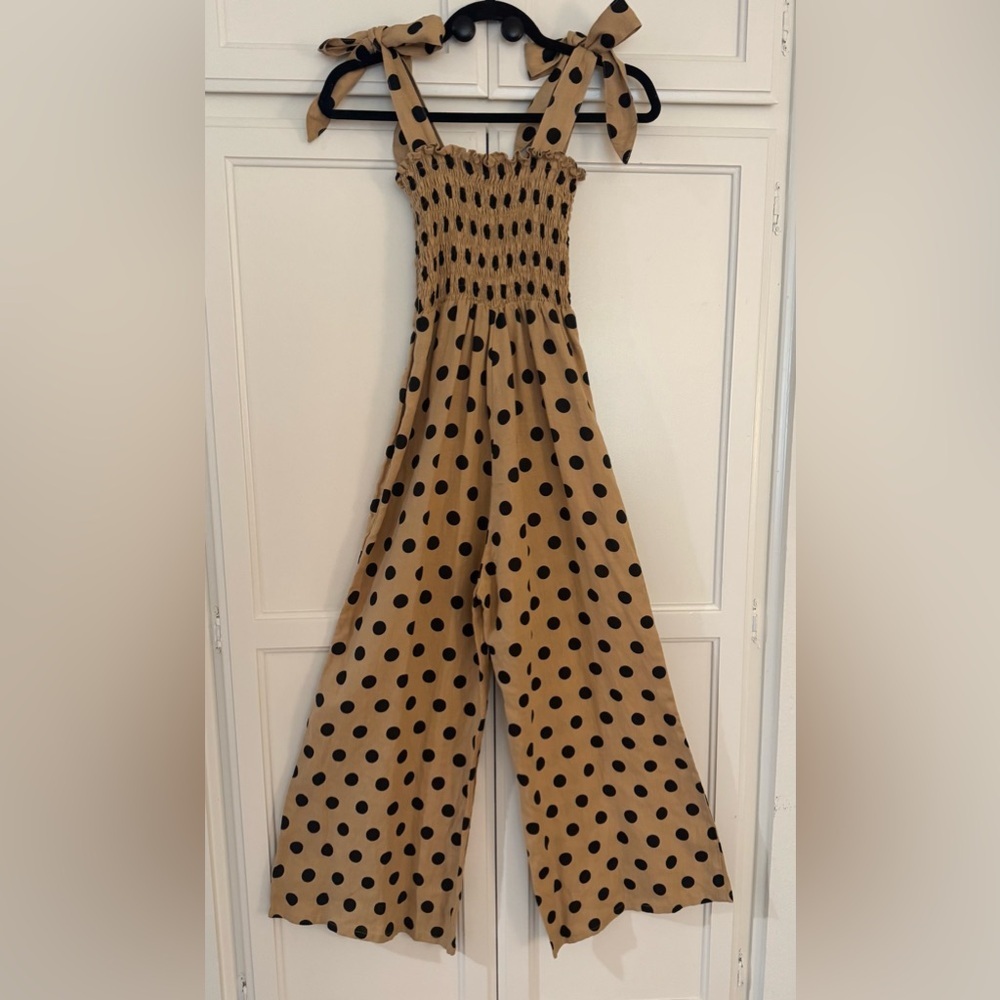 Faithful the Brand x Anthropolgie Emelda Smocked Jumpsuit in Tan/Black Polka Dot - Picture 10 of 10